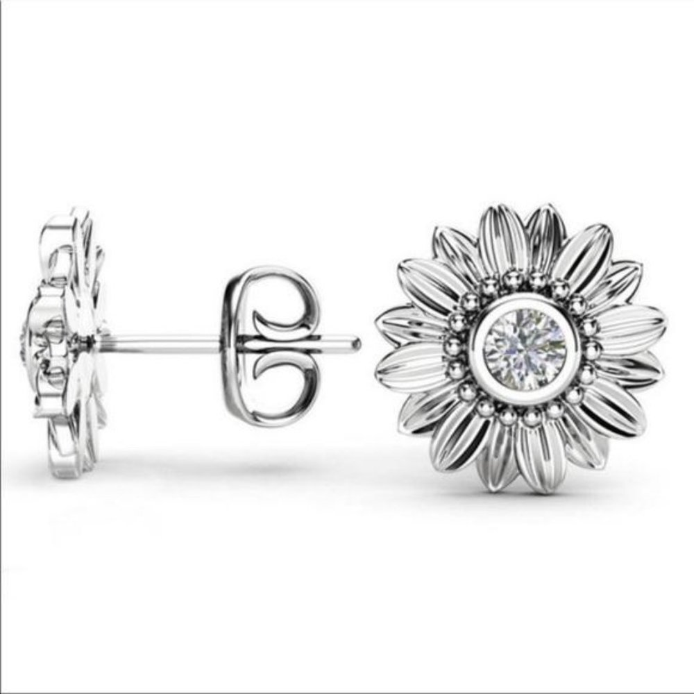 STERLING SILVER DIAMOND SUNFLOWER STUD EARRINGS, nice Earrings, cute Earrings - Picture 2 of 4